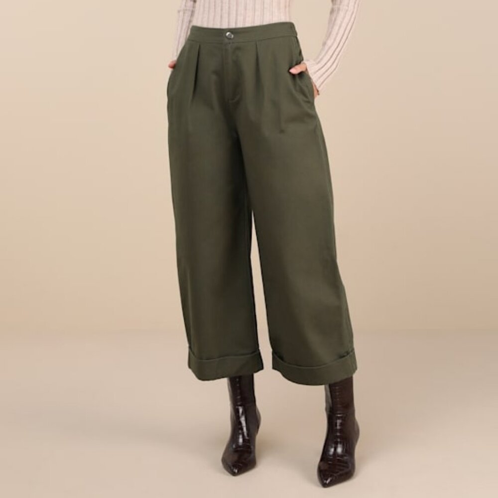 Lulus Easy Confidence Olive Green Cuffed Wide-leg Pants - Size M